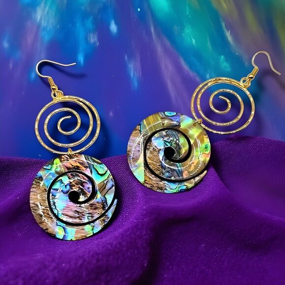 14K Gold Plated Spiral Abalone Shell Earrings | Lightweight Statement Dangles - Picture 9 of 9